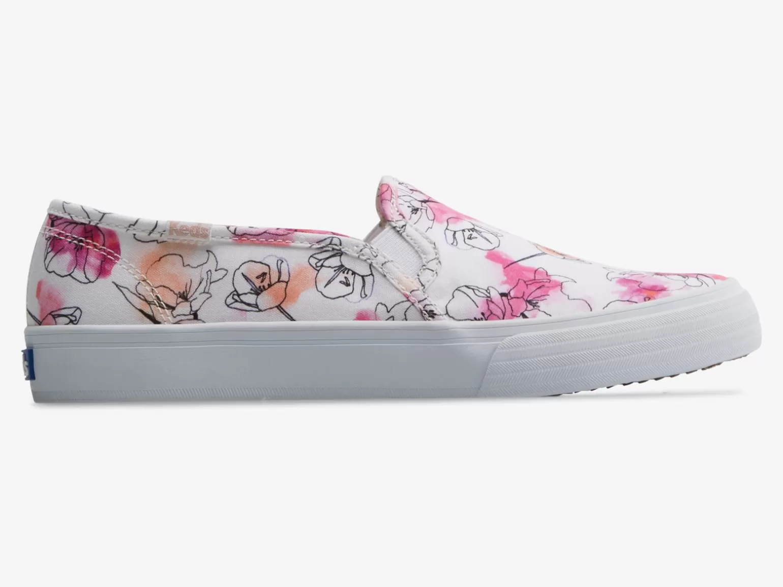 Keds Slip Ons>Women's Double Decker Canvas Watercolor Floral Print Slip On Sneaker White Pink