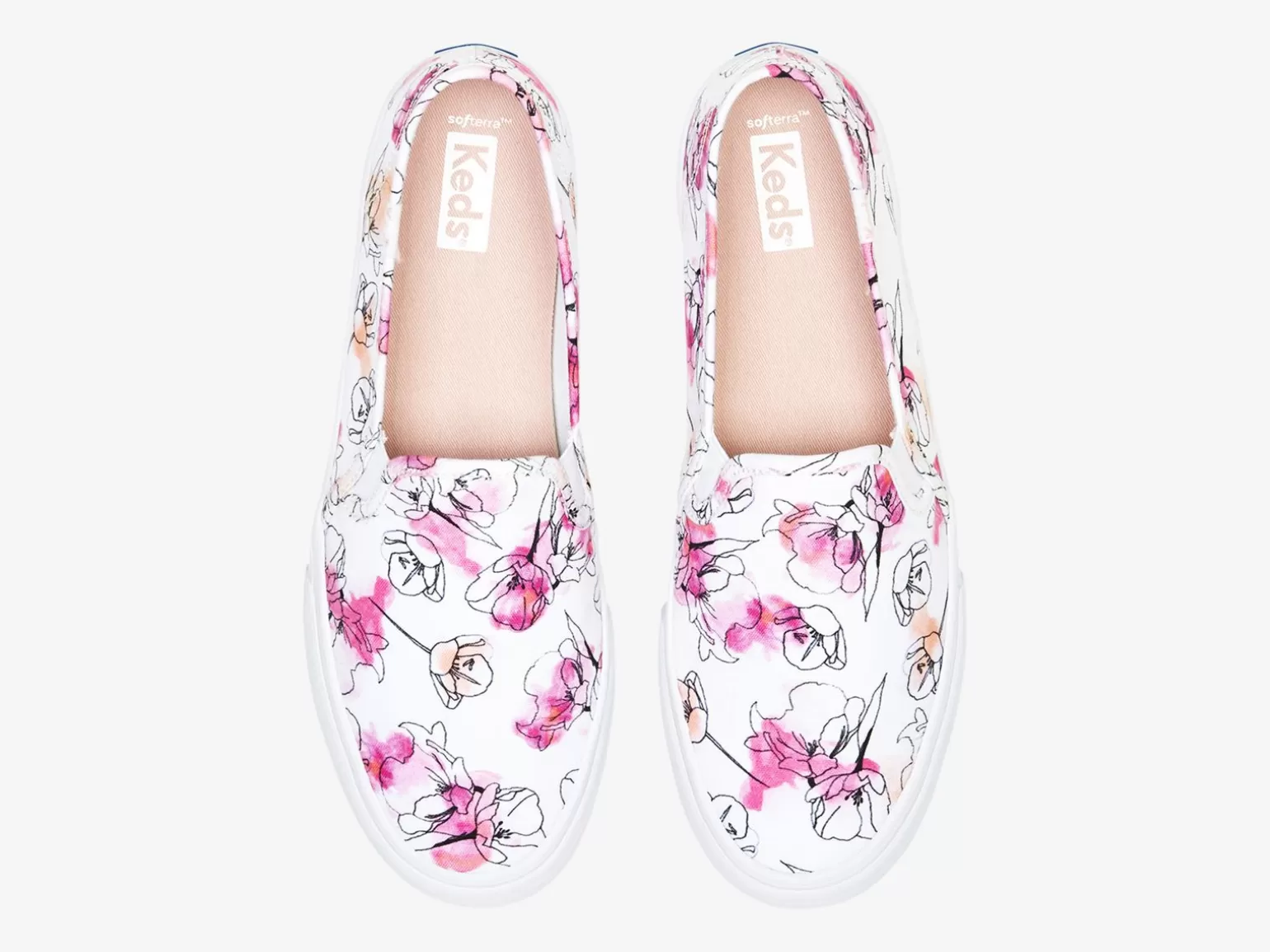 Keds Slip Ons>Women's Double Decker Canvas Watercolor Floral Print Slip On Sneaker White Pink